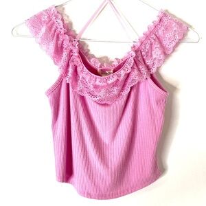 Bozzolo Bubblegum Pink Off Shoulder Lace Ribbed Crop Top NWT
